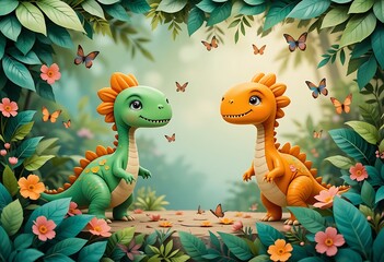 Cute cartoon dinosaur frame border on background.