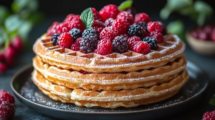delicious waffles with powdered sugar and berries