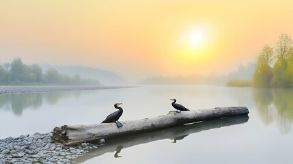 Two cormorants rest on a log in a serene river at sunrise with misty trees, suitable for nature and wildlife travel promotion