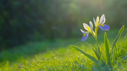 Two iris flowers growing in a field of grass with sun shining through the trees in the background for spring or garden concepts