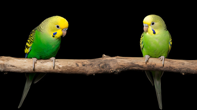 Two green parakeets perched on branch against black background. Avian friends concept; for pet stores, bird enthusiasts, wildlife themes