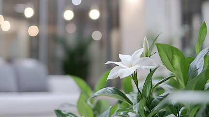 White flower blossoms in a bright interior, creating calm for home decor, floral shops, or plant care guides
