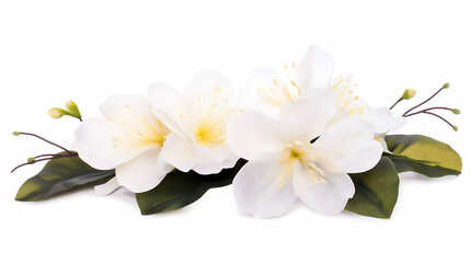 White jasmine flowers lay in a decoration piece for a wedding or other event, against a white background