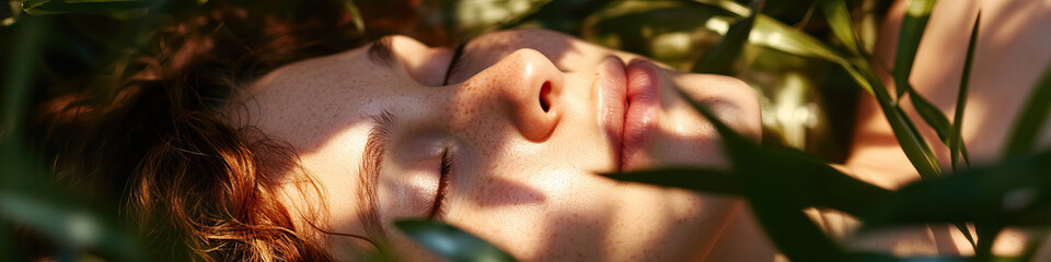 Fototapeta premium Close-up of Woman's Face Amidst Green Foliage