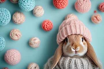 Cute rabbit wearing a knitted hat and sweater surrounded by colorful crochet balls on a light background