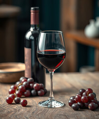 Obraz premium Rich red wine poured into a crystal glass alongside fresh grapes in an inviting rustic setting
