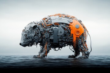 Mechanical bear standing in water with intricate details and vibrant orange accents