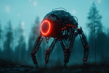 Futuristic robotic creature with glowing eyes traversing a misty forest at twilight near a dense pine grove