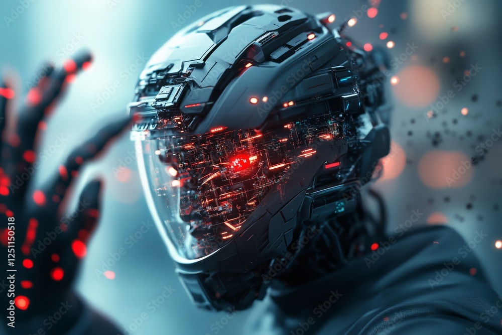 Poster futuristic robotic entity with intricate circuitry engages in a dynamic interaction