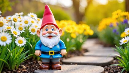 Garden gnome smiling among colorful flowers on a sunny day