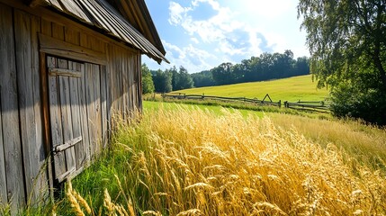 Rustic Wooden Barn, Golden Wheat Field - Rural/Countryside Landscap.