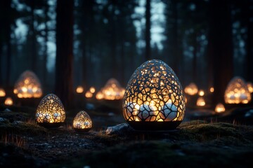 Magical glowing lanterns scattered in a serene forest at twilight create an enchanting atmosphere