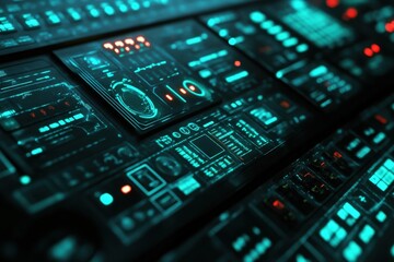 Futuristic Digital Control Panel with Glowing Screens and Buttons in Dark Environment