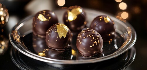 HD image of artisanal chocolate truffles with edible gold leaf, placed on a reflective silver plate, luxury theme