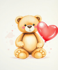Cute teddy bear holding a red heart-shaped balloon in a whimsical setting with soft colors