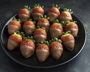 HD image of chocolate-covered strawberries, arranged elegantly on a black ceramic plate, romantic dinner vibe