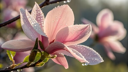 Magnolia Bloom in Dew: A delicate pink magnolia blossom, adorned with glistening dewdrops, blooms majestically against a backdrop of soft morning light. Its petals unfurl.