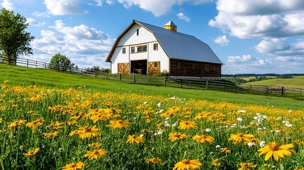 Rustic White Barn, Yellow Flowers, Farm -  Vibrant Color Palettes