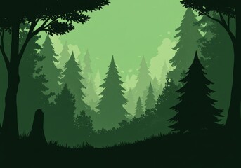 Fototapeta premium Green forest with trees and a stump; suitable for naturethemed designs, environmental concepts, wildlife illustrations, and outdoor recreation projects.