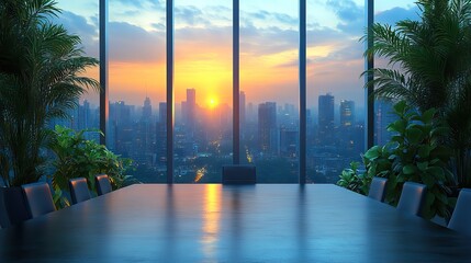 Contemporary office interior with a conference table, chairs, and an office plant accentuated by a blurred cityscape through the window, showcasing a modern workspace.