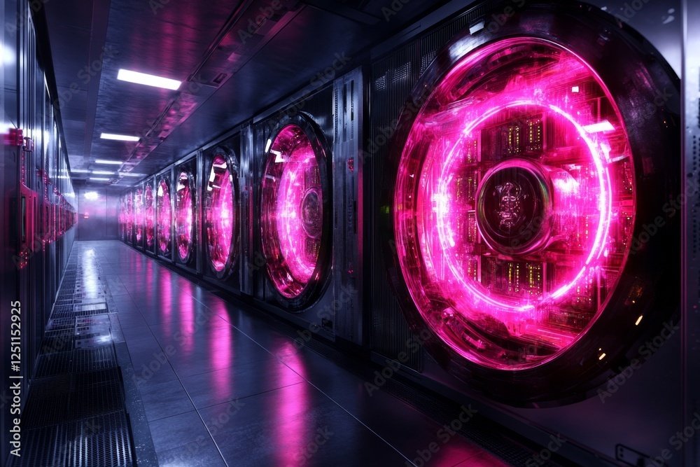 Aufkleber A 3D isometric rendering of a high-tech data center with cooling fans, massive servers, and blinking neon indicators