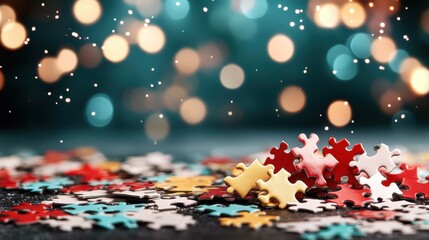 A vibrant collection of colorful puzzle pieces scattered on a surface, creating a whimsical and playful atmosphere with a blurred bokeh background highlighting them.