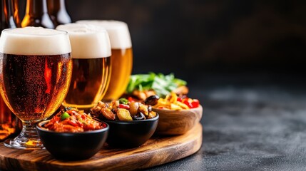 An enticing arrangement of beer glasses alongside a variety of appetizing dishes on a dark table, embodying the perfect pairing of food and drink.
