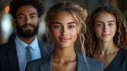 Fototapeta premium Corporate synergy exemplified in this shot of a dynamic work unit Young, motivated professionals exude confidence in formal attire, uniting against the backdrop of a sophisticated office setting.