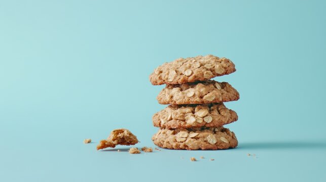 Oatmeal cookies stack on blue background, crumbs scattered. Food photography for recipe websites