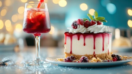 An appetizing close-up of a slice of cheesecake topped with fresh raspberries and a rich berry drizzle, perfectly styled for an indulgent dessert presentation.