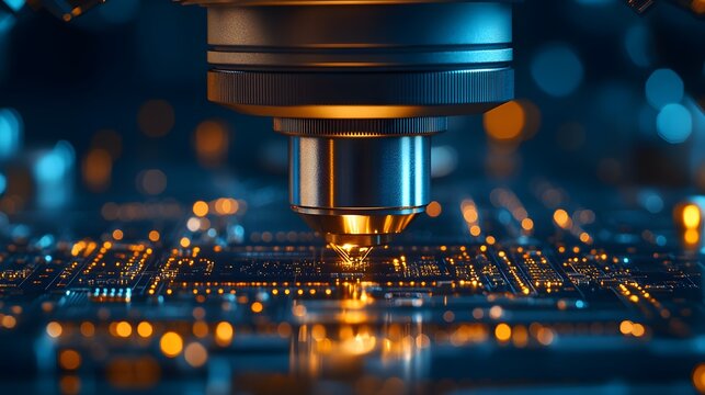 Integrated circuit manufacturing reveals extreme close-up of microchip assembly with golden components, blue technological ambiance, and precision engineering details.