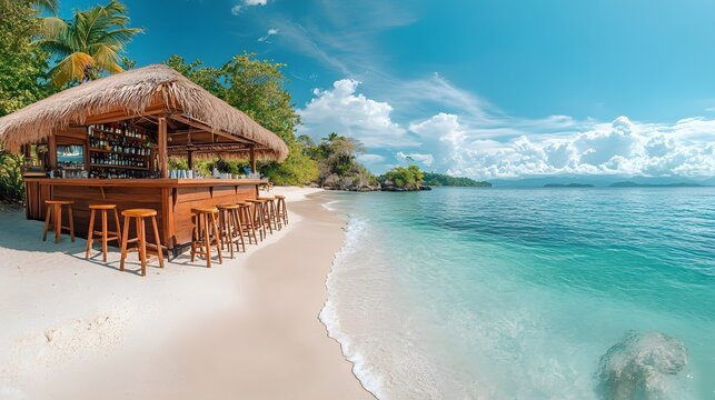 Private beach bar nestles in tropical paradise with thatched roof cabana, wooden stools, pristine white sand, turquoise waters, swaying palms, and panoramic ocean views under bright sky.