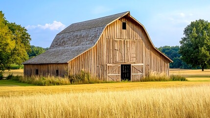 Rustic Wooden Barn in Golden Wheat Field - Rustic