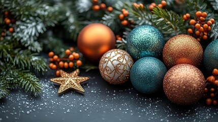Craft winter wonderland concept. gleaming tree decor, green, golden, and orange balls, a shining star, and frost-kissed evergreen boughs on a neutral surface for a seasonal message or marketing.