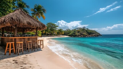 Private beach bar nestles in tropical paradise with thatched roof cabana, wooden stools, pristine white sand, turquoise waters, swaying palms, and panoramic ocean views under bright sky.