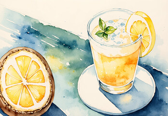 a painting of a drink and a slice of lemon