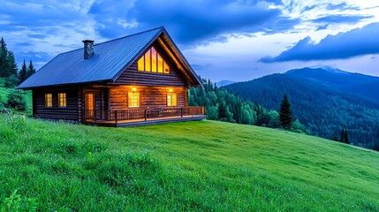 Obraz premium Cozy Cabin in Mountain Meadow at Dusk - Rustic Living
