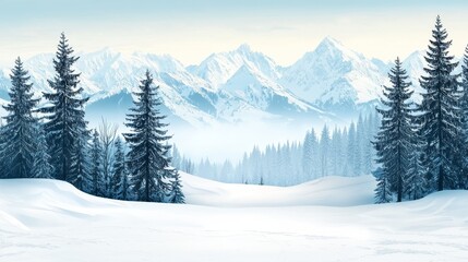 Fototapeta premium Winter storms blizzard landscape concept, Serene winter landscape with snowy mountains and evergreen trees under a clear sky.