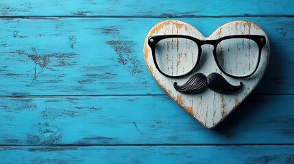 Creative Father's Day concept featuring a white heart with glasses and a mustache prop on a blue background symbolizing parental love.