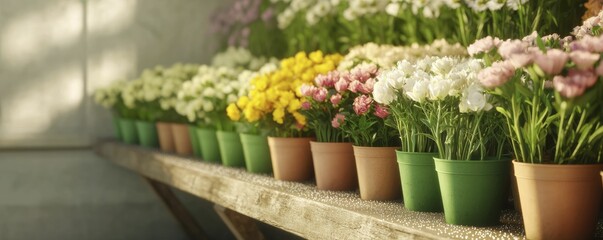 Vibrant flower stalls contrast with rustic scenery, as shimmering petals catch morning light, beckoning visitors to wander.