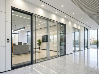 Doorway A sleek, minimalist business building with reflective glass panels. The grand tiled entrance leads to clean.