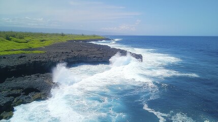 Fototapeta premium Chaotic ocean waves crashing against rocky shoreline, showcasing frothy white caps and deep blue tones, evoking raw natural energy and beauty.