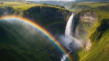Fototapeta premium A vibrant rainbow arches over a majestic waterfall cascading down lush green cliffs in a scenic landscape.
