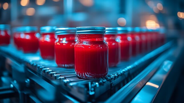 Red glass ketchup jars move along conveyor belt in industrial setting, highlighting food production automation with metallic blue tones and translucent red liquid.