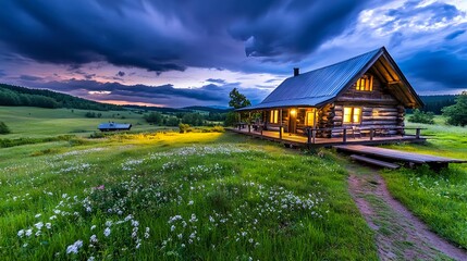 Fototapeta premium Cozy Log Cabin Sunset Meadow Landscape - Rustic/Cozy Homes