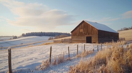 Winter storms blizzard landscape concept, A rustic barn in a snowy landscape under a clear blue sky, surrounded by rolling hills.
