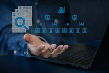 Business man work with laptop seek data to find a new job icon are floating on screen