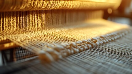 Traditional weaving loom displays delicate beige threads in artisanal textile production, capturing handcrafted fabric details with warm lighting and dreamy atmosphere.