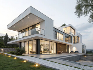 A large luxury house with a green house concept that is natural and environmentally friendly.