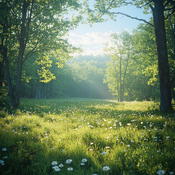 Sunlit forest meadow with wildflowers, peaceful nature scene for backgrounds